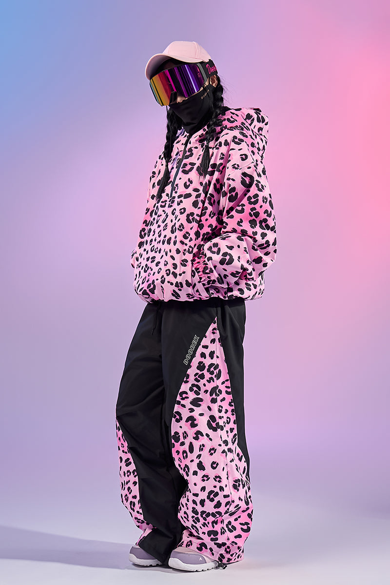 Doorek Pink Leopard Print Ski Anorak - Unisex Streetwear-Style Insulated Snow Jacket