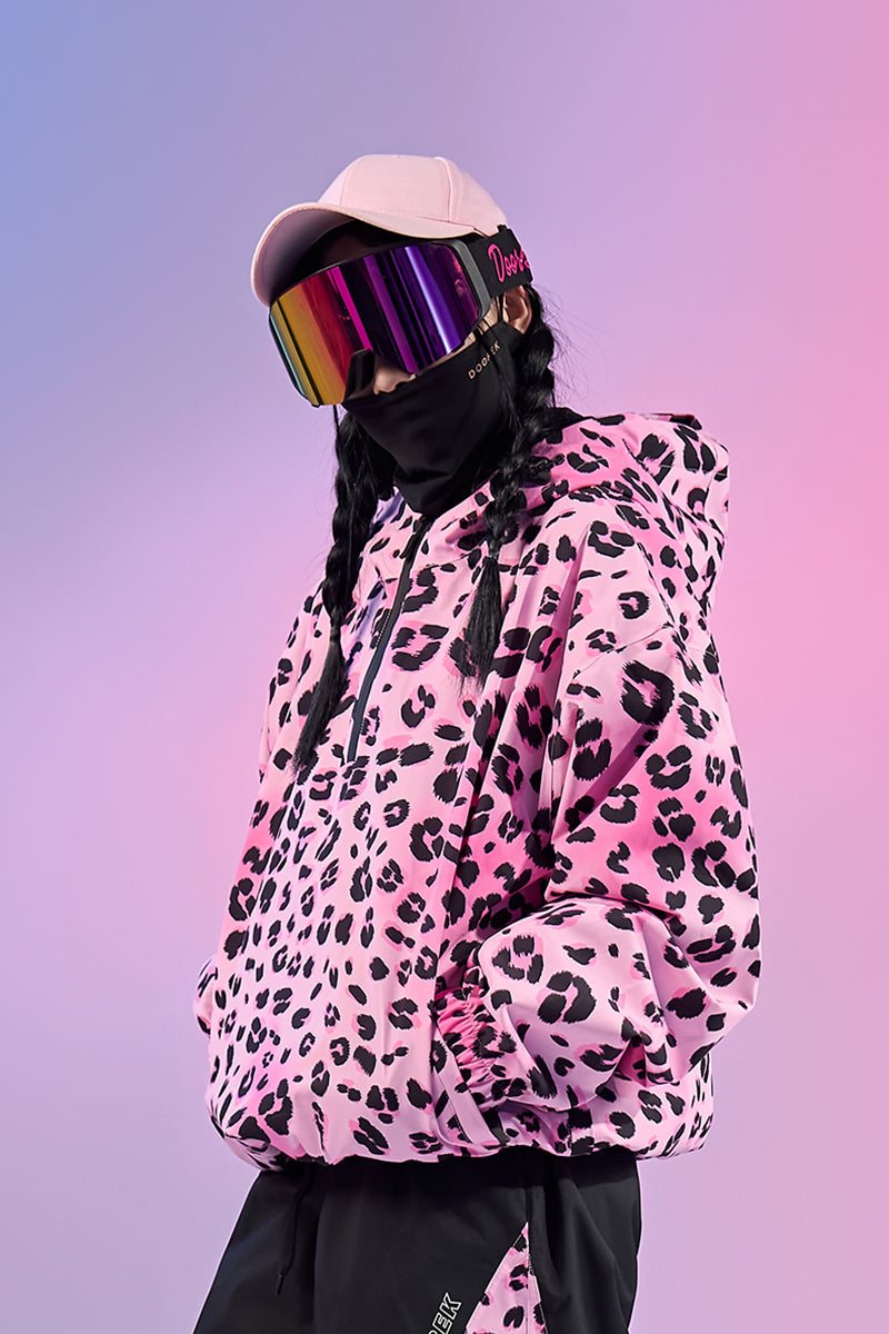 Doorek Pink Leopard Print Ski Anorak - Unisex Streetwear-Style Insulated Snow Jacket