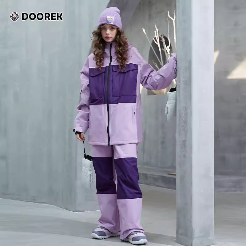 New DOOREK Single Board Ski Suit Set for Men and Women, Outdoor Insulated Shell, Trendy Brand, Color Block Ski Jacket and Pants for Warmth
