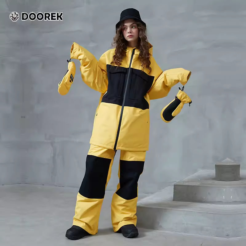 Nuovo set da sci DOOREK Single Board per uomo e donna, guscio isolante per esterni, marchio alla moda, giacca e pantaloni da sci a blocchi di colore per il calore
